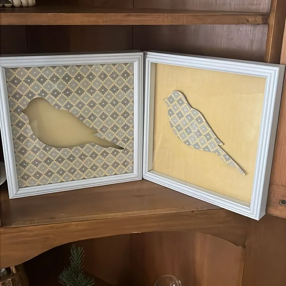 Bird Nature Yellow Grey Pattern 3D Set of Square White Picture Frames Artwork